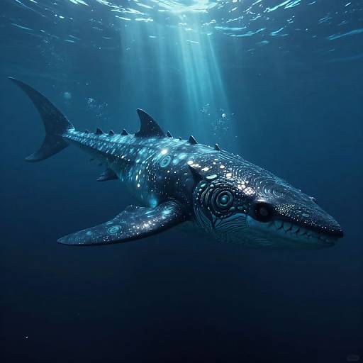 Photograph of a glowing, bioluminescent shark swimming underwater, illuminated by sunlight from above, with intricate patterns on its body and dark blue ocean