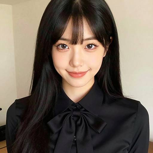 Photograph of an Asian woman with long black hair, bangs, and light skin, smiling softly. She wears a black shirt with a bow tie