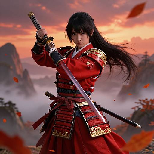 Digital artwork of a fierce, long-haired samurai in red armor with a katana, standing against a misty mountain sunset backdrop.