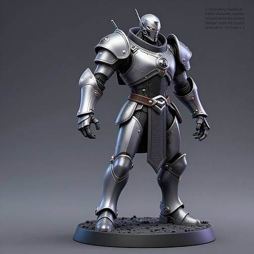 Photorealistic CGI of a silver, armored robot warrior with a helmet, standing on a textured base, against a gradient blue-gray background.