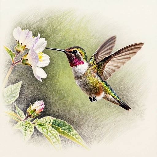 Hyperrealistic Pencil Drawing of Hummingbird Near Flower