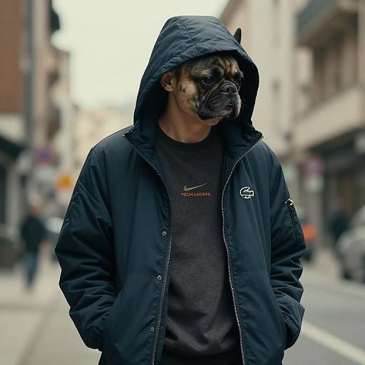 Photograph of a man wearing a black hoodie with a dog mask, standing on an urban street with blurred buildings.