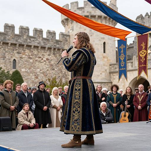 Photograph of a man with curly brown hair, wearing a black ornate medieval tunic, singing on stage in front of a castle, with colorful