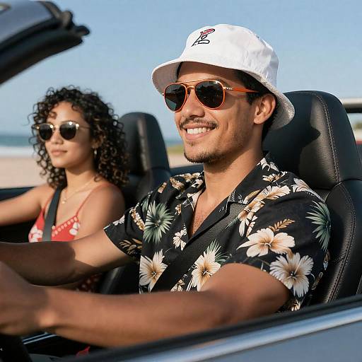 Smiling Couple in Convertible, Tropical Style