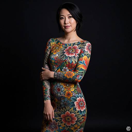 Photograph of an Asian woman with short black hair, wearing a colorful, floral-patterned long-sleeve dress, standing against a black background,