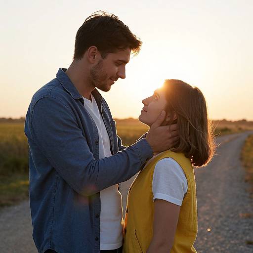 Photograph of a romantic sunset moment: a bearded man in a blue denim jacket gently holds a woman's chin, she wears a yellow vest over