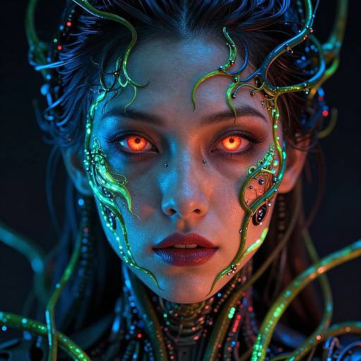 Digital artwork of a woman with glowing orange eyes, blue and green neon patterns on her face, and dark, wavy hair, surrounded by colorful,
