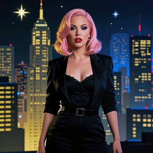 Photograph of a blonde woman with pink hair, red lipstick, black dress, and blazer, standing in front of a neon cityscape at night