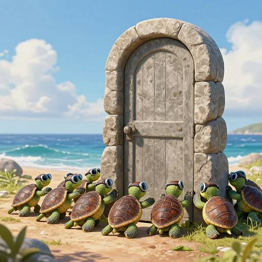  CGI image of green turtles with black eyes, gathered around a weathered wooden door set in a stone arch on a sunny beach with blue ocean and white