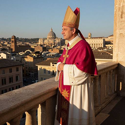 Photograph of a Catholic cardinal in red and gold robes, standing on a sunlit balcony, overlooking Rome's historic skyline with St. Peter's Dome
