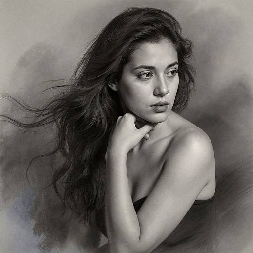 Monochromatic portrait of a beautiful woman with long, flowing dark hair, gazing pensively to the side, hand gently touching her neck. Gr