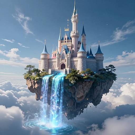 Levitating Castle Above Ethereal Waterfalls