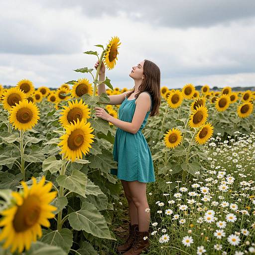 Photograph of a young woman in a teal dress, standing in a sunflower field, touching a tall sunflower, with white daisies in