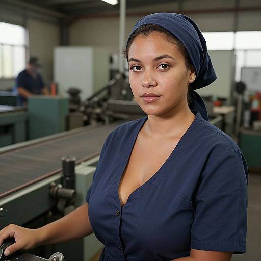 Photograph of a young woman with medium brown skin, dark eyes, and black headscarf, wearing a navy blue V-neck shirt, standing in