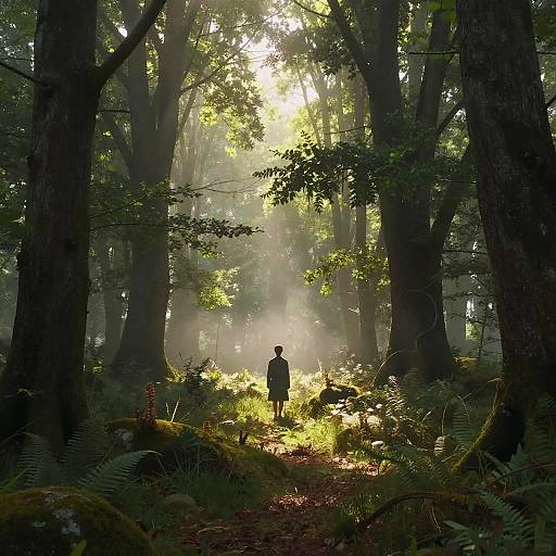 Photograph of a lone person standing in a sunlit, misty forest, surrounded by tall trees and ferns, with sunlight filtering through the leaves