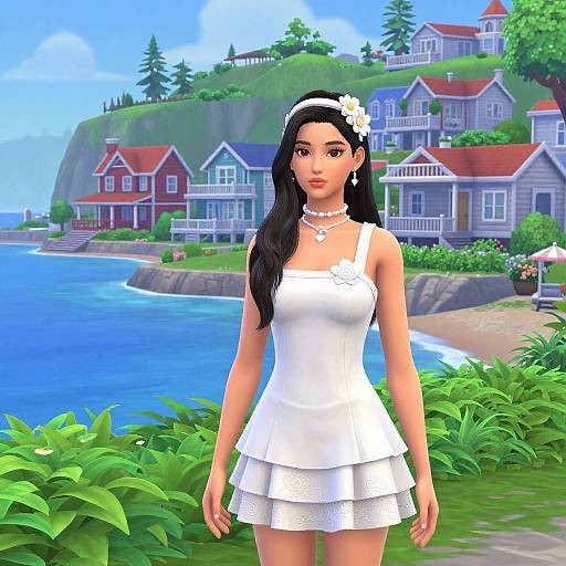 Digital artwork of an attractive woman with long black hair, wearing a white dress and flower headpiece, standing in a coastal village with colorful houses and lush