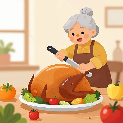 Cheerful Elderly Woman Carving Turkey