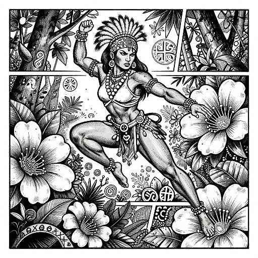 Intricate black-and-white ink drawing of a nude, tattooed woman with elaborate headdress, surrounded by large flowers, tribal patterns, and abstract
