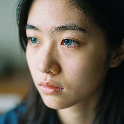 Close-up photograph of an Asian woman with fair skin, blue eyes, and straight black hair, softly lit, looking slightly to the left.