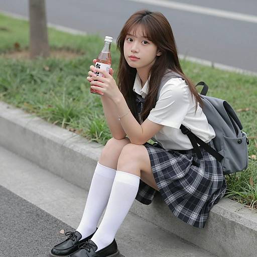 Asian schoolgirl sitting on sidewalk holding drink