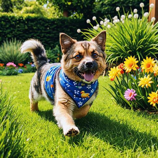 Happy Tabby Dog in Garden Wearing Blue Bandana