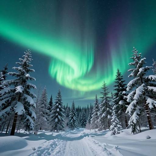 Photograph of a snowy forest at night, illuminated by vibrant green and purple Northern Lights, with snow-covered evergreen trees and a starry sky above