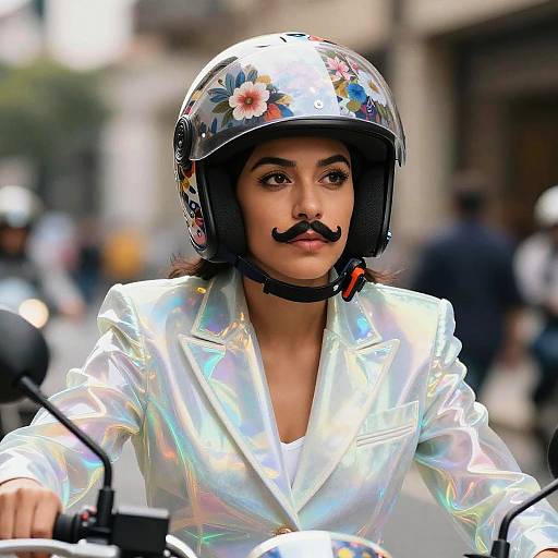 Hispanic Woman in Iridescent Suit and Floral Helmet