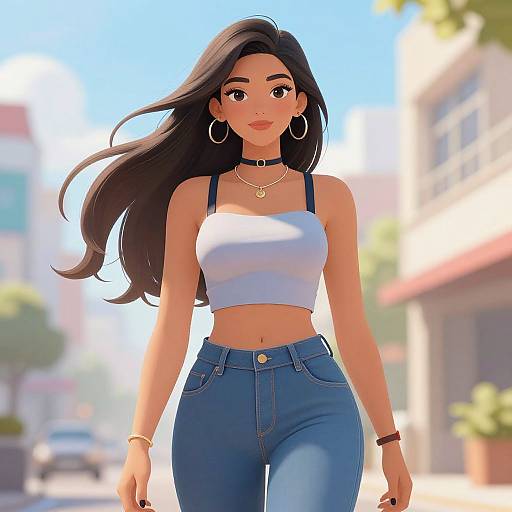 Digital illustration of a beautiful young woman with long black hair, wearing a white crop top, blue jeans, hoop earrings, and a choker necklace,