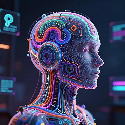 Neon-lit, futuristic CGI portrait of a humanoid robot with vibrant, multicolored circuitry and glowing interfaces in a dark, tech-filled background