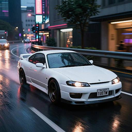 Photograph of a white, sports car with sleek design driving on a rainy, neon-lit urban street at night. Reflections on wet road,