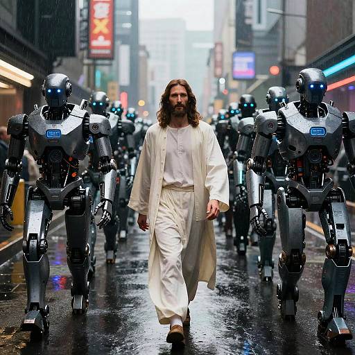 Jesus Walking with Cyber Robots in Dystopian City