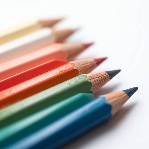 Close-up photograph of six colored pencils, red, orange, yellow, green, blue, and black, arranged diagonally with sharp tips, on a