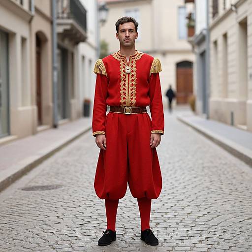 Photograph of a man in a red, 18th-century-style military uniform with gold epaulettes, black shoes, and a brown belt