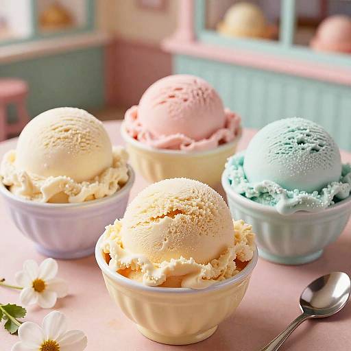 Photograph of three pastel-colored ice cream scoops in ruffled bowls, with a spoon and white flowers on a pink table.
