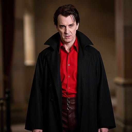 Photograph of a serious-looking middle-aged man with dark hair, wearing a black coat over a red shirt, standing in a dimly lit, blurred