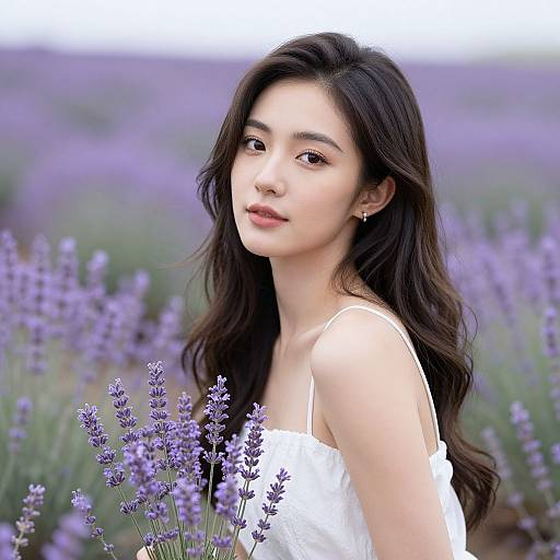 Photograph of a beautiful young Asian woman with long, dark hair, wearing a white, off-shoulder dress, standing in a lavender field.