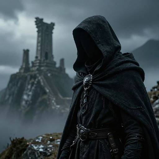 Mysterious hooded figure in dark, textured cloak with metal chains, stands before a foggy, gothic castle under a stormy sky.