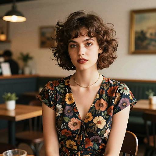 Photograph of a young woman with short, curly brown hair, wearing a floral dress and gold necklace, in a warmly lit, vintage-style café.
