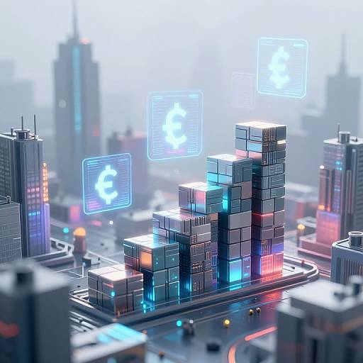CGI image of a futuristic cityscape with glowing, neon-lit, blocky skyscrapers and floating digital icons, set against a blurred urban