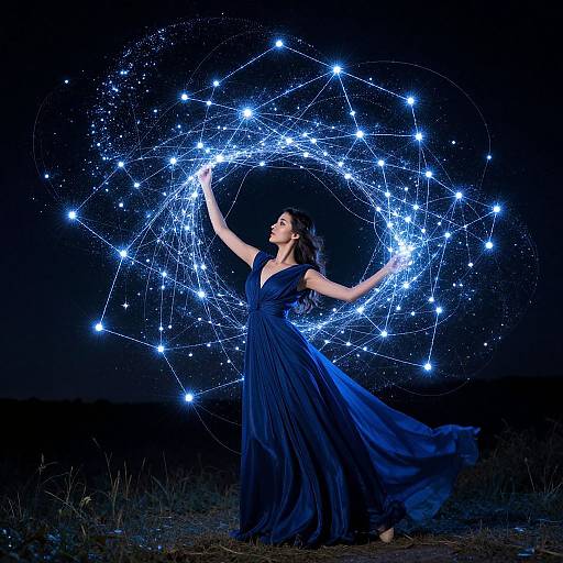 Photograph of a woman in a flowing dark blue dress, standing in a dark field, creating a glowing blue constellation with her hands.
