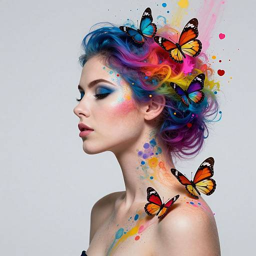 Photograph-style digital art of a fair-skinned woman with vibrant blue-purple hair, colorful butterfly tattoos, and splashes of paint, in profile against