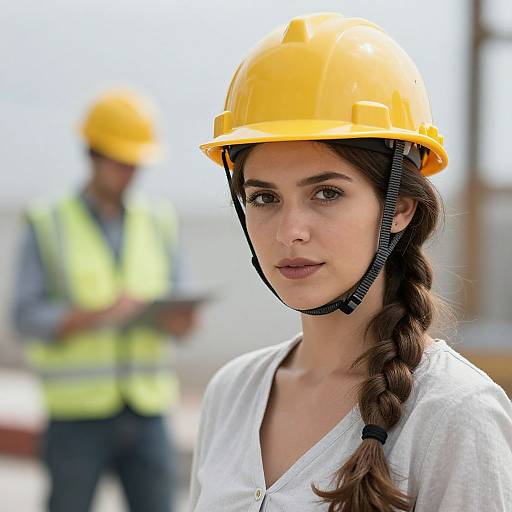 Photograph of a serious young woman with fair skin and brown hair in a braid, wearing a yellow hard hat and white shirt, standing in a
