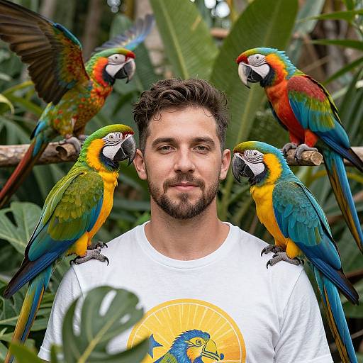 Photograph of a bearded man with curly brown hair, wearing a white shirt, surrounded by three colorful macaws perched on branches in a lush