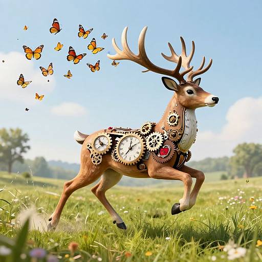 Digital artwork of a mechanical deer with gears, clock, and heart, running in a grassy field, with orange butterflies flying above.