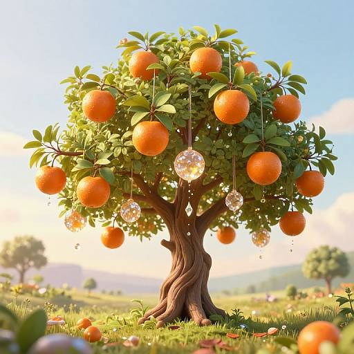 Photorealistic digital artwork of an orange tree with vibrant, hanging oranges and crystal-like ornaments, set against a sunny, blue sky and lush, green