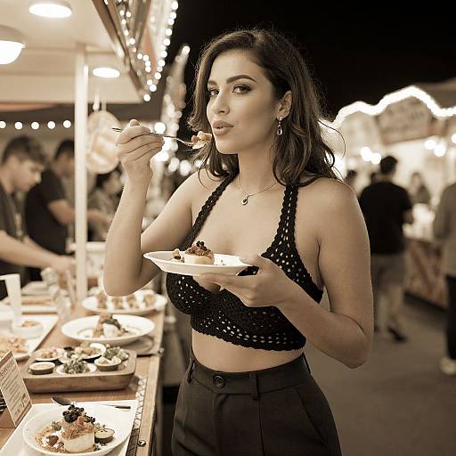 Photograph of a brunette woman with wavy hair, wearing a black polka dot halter top and black high-waisted pants, eating dessert