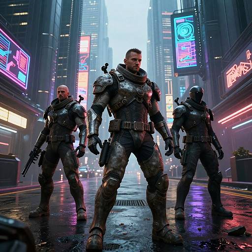 Digital artwork of three armored, futuristic soldiers standing in a neon-lit, rain-soaked urban street, flanked by glowing skyscrapers.