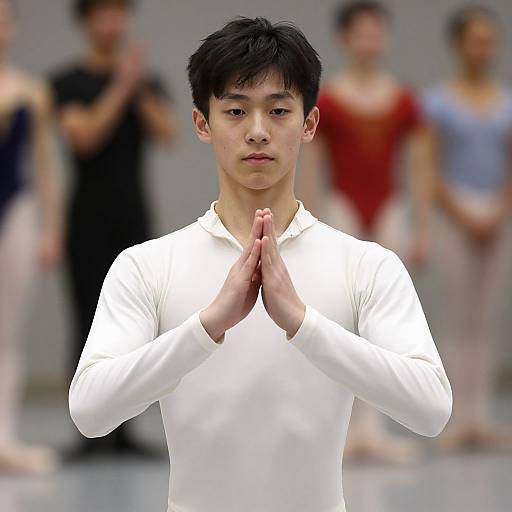 Photograph of an Asian male ballet dancer with short black hair, wearing a white long-sleeved leotard, standing in a prayer position with