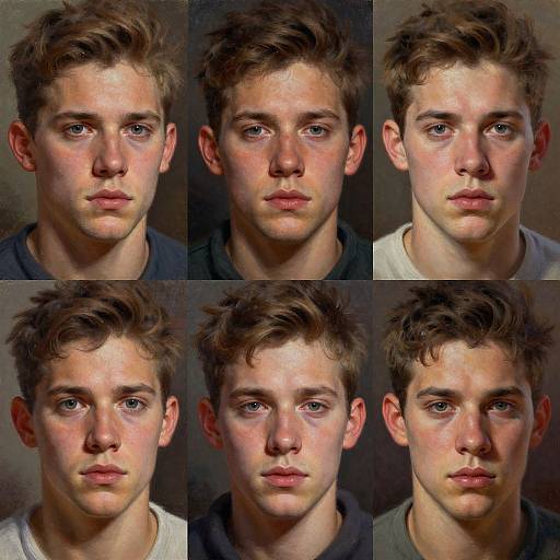 Photograph collage of six headshots of a young Caucasian man with messy brown hair, light skin, blue eyes, and neutral expression. Wearing dark