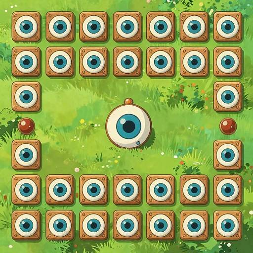 Digital drawing of a vibrant green grass field with 16 blue-eyed wooden eye slots arranged in a grid, one central larger eye, and a single red